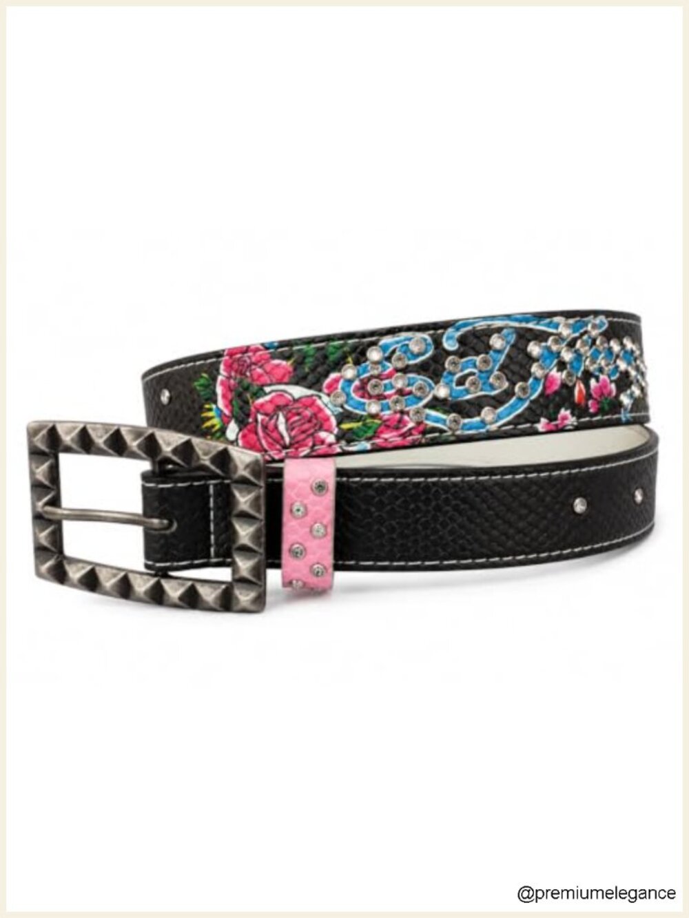 Ed Hardy Women's Embellished Narrow Belt Buckle Floral Skull PU Leather